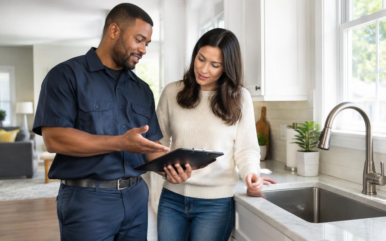 Laylanzio Co. plumber discussing plumbing work with a homeowner