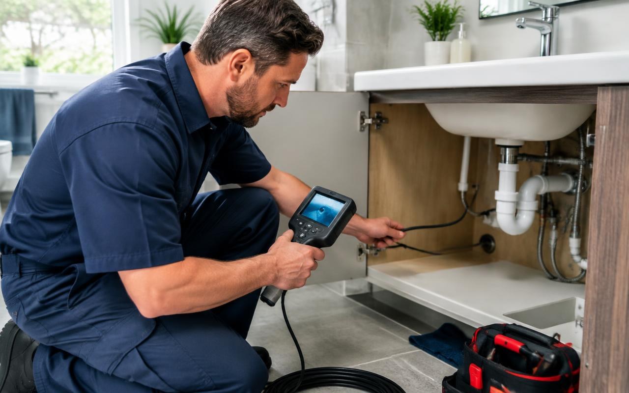 Plumber inspecting residential drain piping with diagnostic equipment