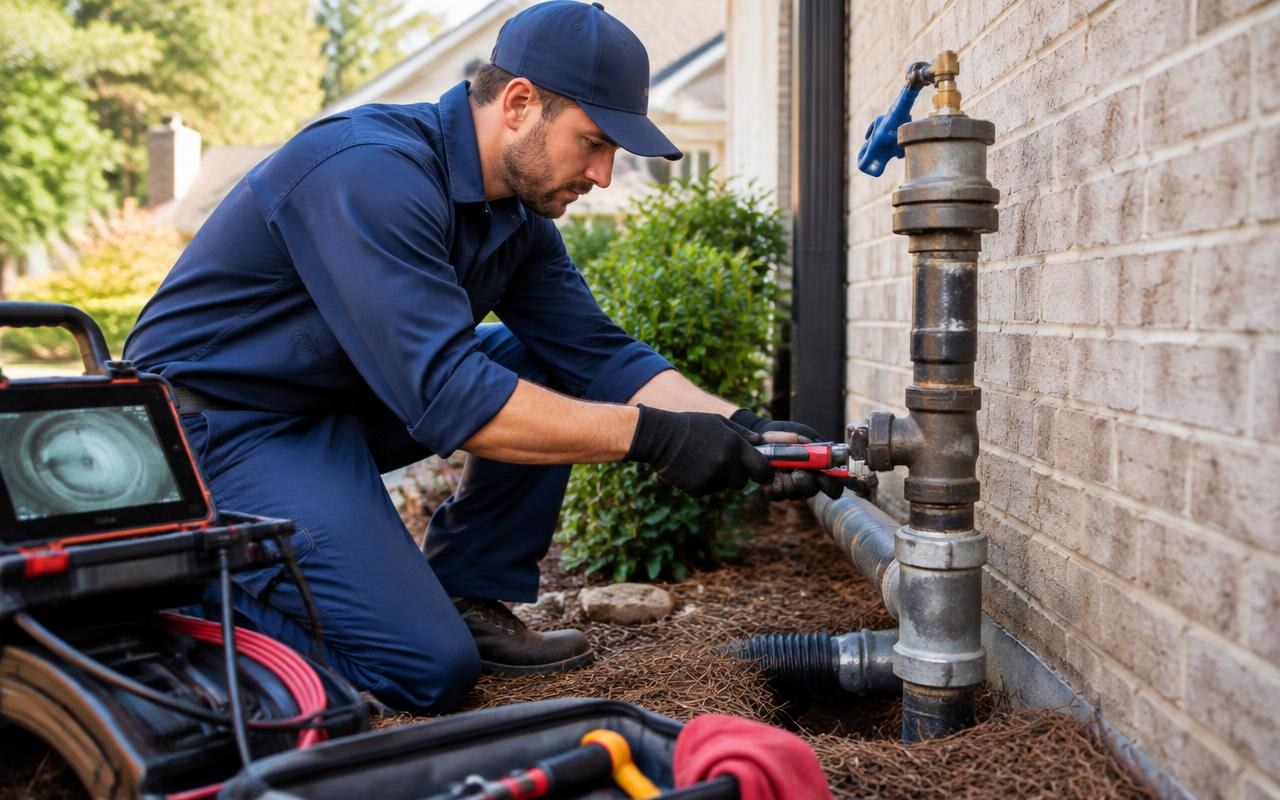 Professional plumber servicing an exterior residential water line