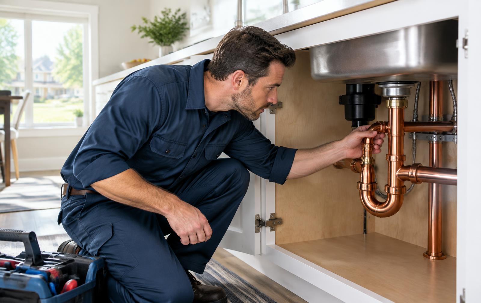 Professional plumber inspecting kitchen sink plumbing